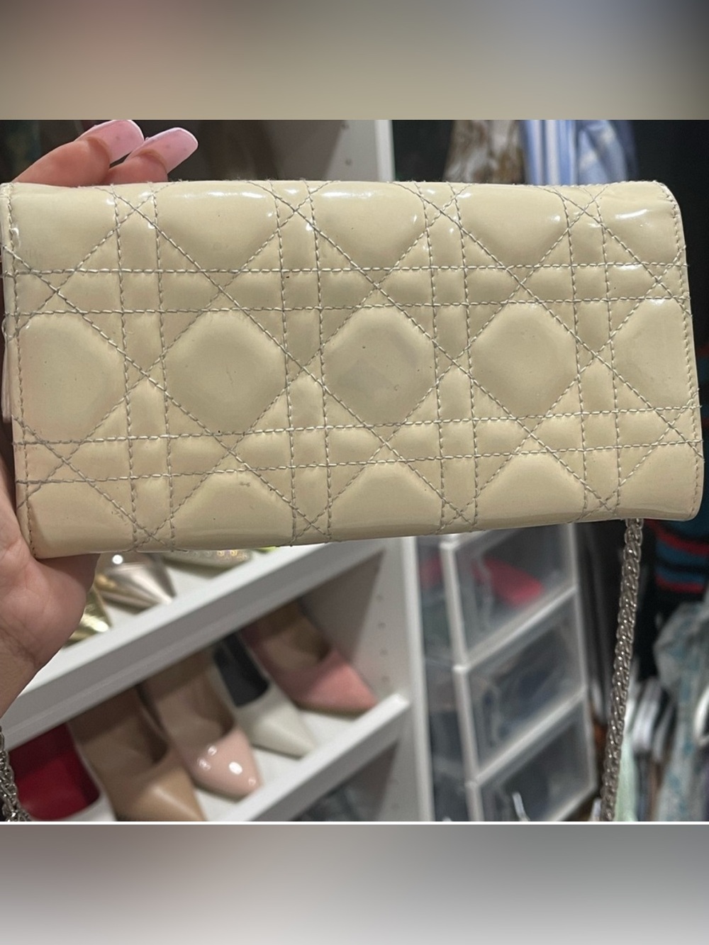 Christian Dior Patent Cannage Lady Dior Rendezvous Wallet On Chain in Beige - Picture 11 of 16